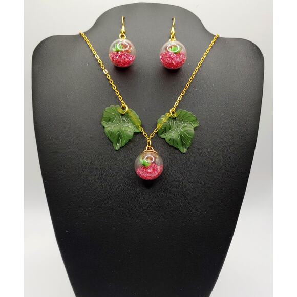 Pink Glass Globe Necklace & Earrings Set Green Leaf Botanical Jewelry Gift - Picture 1 of 3